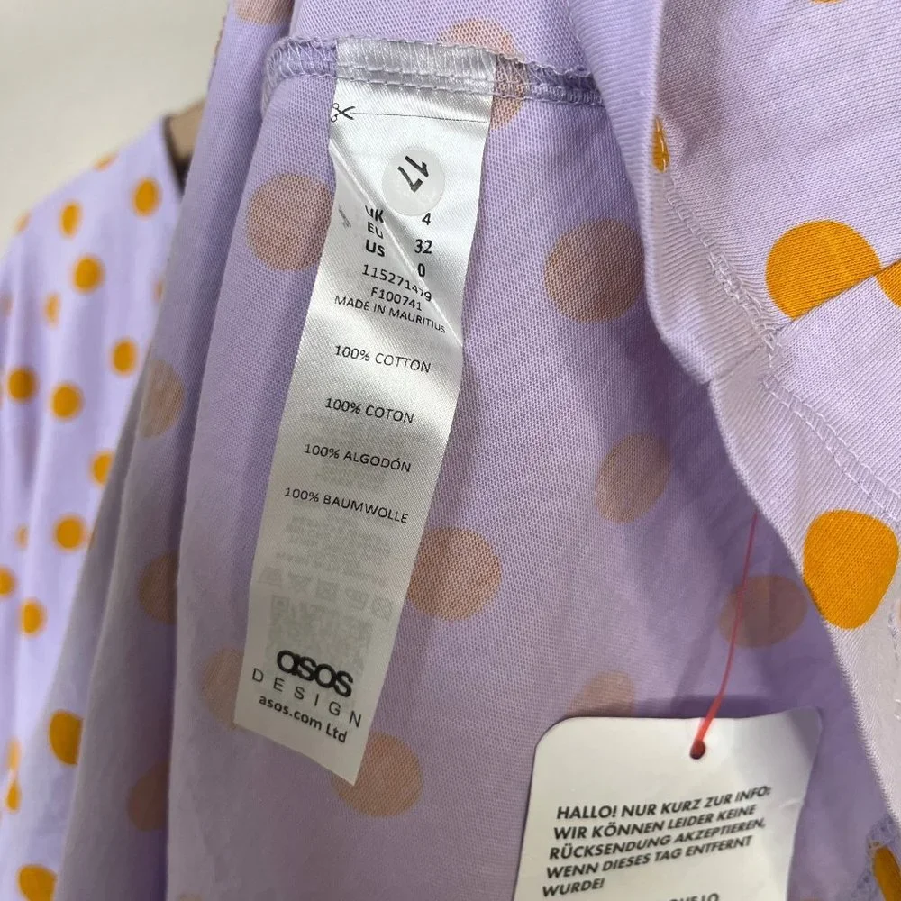 ASOS Design Women's Baby Doll Dress Size 0 Lilac Polka Dot Tie Oversized - Picture 12 of 12